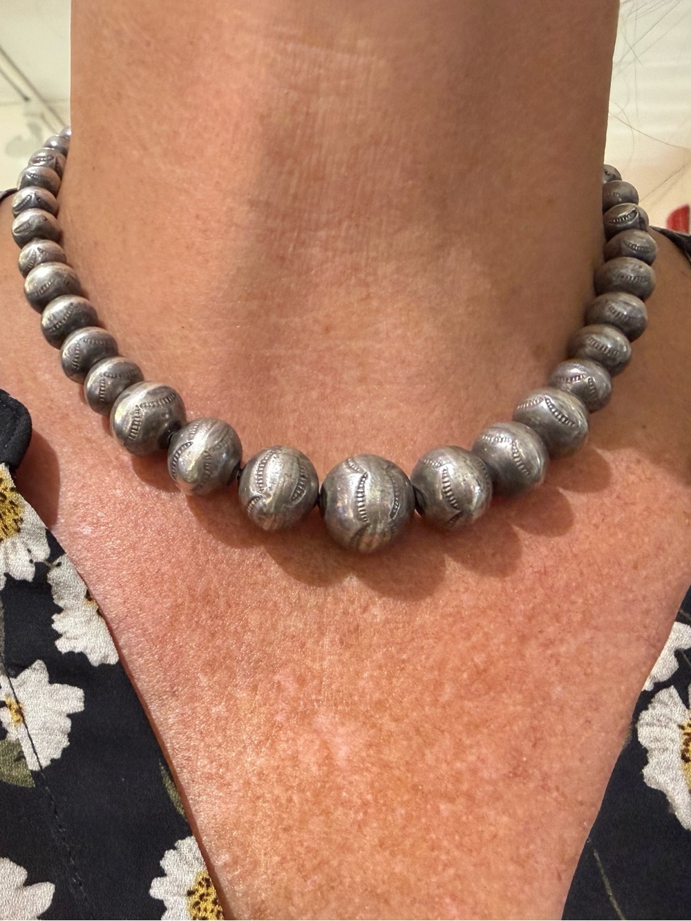 Vintage Sterling Silver Navajo Bead Choker Necklace